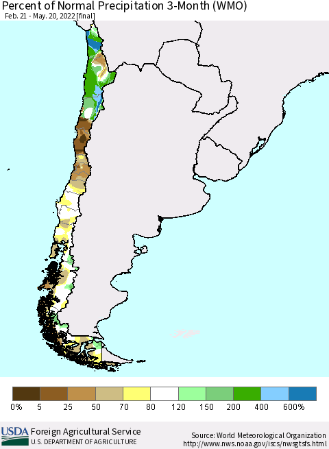 Chile Percent of Normal Precipitation 3-Month (WMO) Thematic Map For 2/21/2022 - 5/20/2022