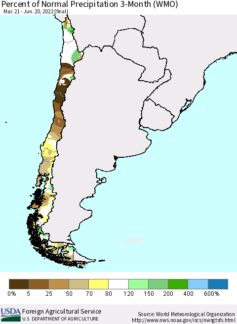 Chile Percent of Normal Precipitation 3-Month (WMO) Thematic Map For 3/21/2022 - 6/20/2022