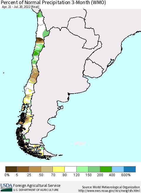 Chile Percent of Normal Precipitation 3-Month (WMO) Thematic Map For 4/21/2022 - 7/20/2022