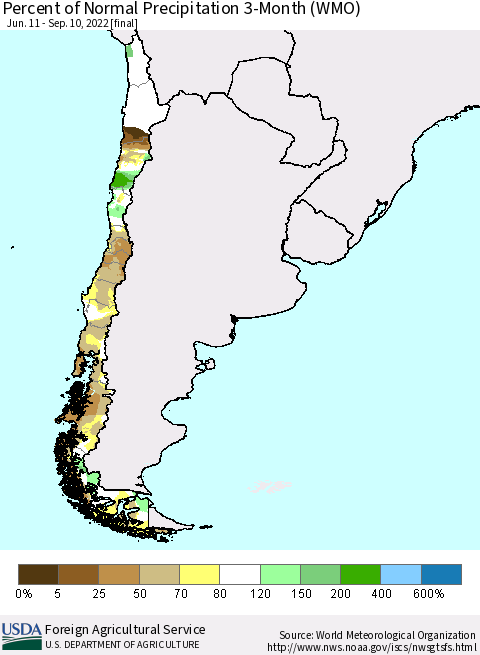 Chile Percent of Normal Precipitation 3-Month (WMO) Thematic Map For 6/11/2022 - 9/10/2022