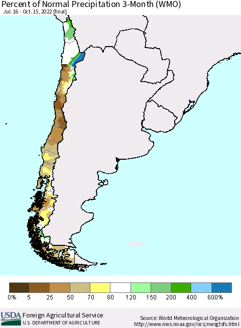 Chile Percent of Normal Precipitation 3-Month (WMO) Thematic Map For 7/16/2022 - 10/15/2022