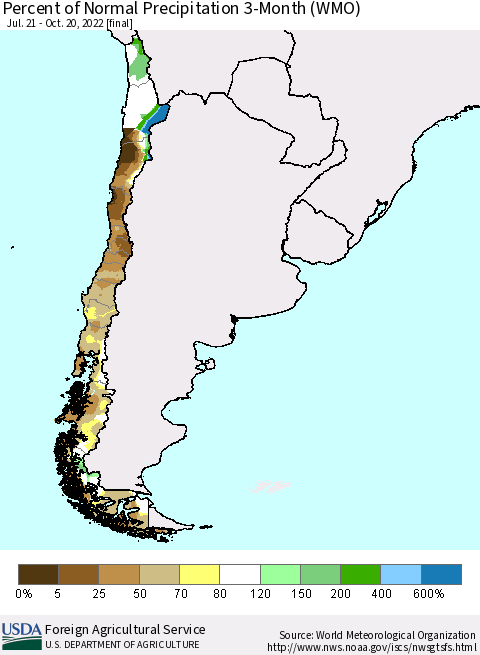 Chile Percent of Normal Precipitation 3-Month (WMO) Thematic Map For 7/21/2022 - 10/20/2022