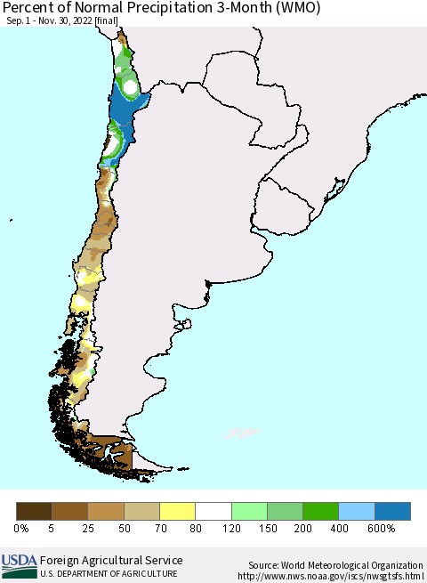 Chile Percent of Normal Precipitation 3-Month (WMO) Thematic Map For 9/1/2022 - 11/30/2022