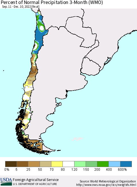 Chile Percent of Normal Precipitation 3-Month (WMO) Thematic Map For 9/11/2022 - 12/10/2022