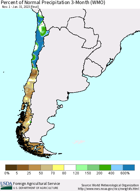 Chile Percent of Normal Precipitation 3-Month (WMO) Thematic Map For 11/1/2022 - 1/31/2023