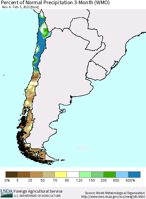 Chile Percent of Normal Precipitation 3-Month (WMO) Thematic Map For 11/6/2022 - 2/5/2023
