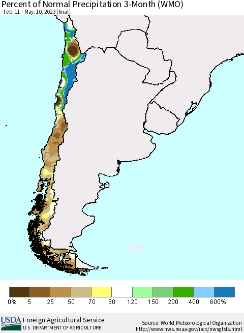Chile Percent of Normal Precipitation 3-Month (WMO) Thematic Map For 2/11/2023 - 5/10/2023