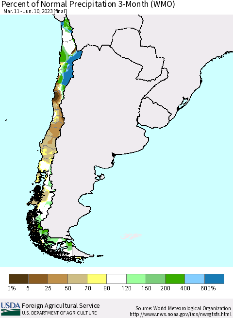Chile Percent of Normal Precipitation 3-Month (WMO) Thematic Map For 3/11/2023 - 6/10/2023
