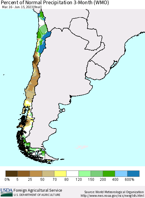 Chile Percent of Normal Precipitation 3-Month (WMO) Thematic Map For 3/16/2023 - 6/15/2023