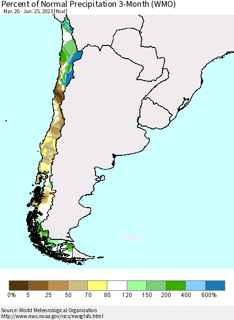 Chile Percent of Normal Precipitation 3-Month (WMO) Thematic Map For 3/26/2023 - 6/25/2023