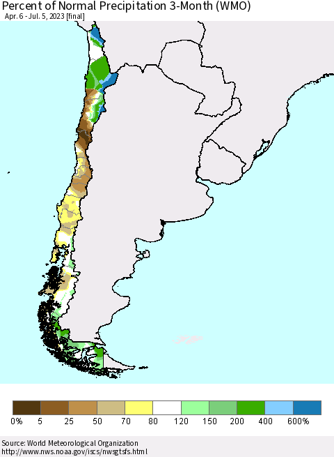 Chile Percent of Normal Precipitation 3-Month (WMO) Thematic Map For 4/6/2023 - 7/5/2023