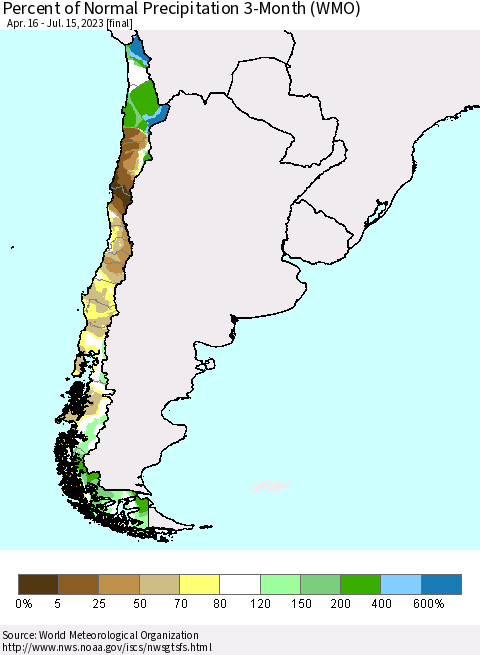 Chile Percent of Normal Precipitation 3-Month (WMO) Thematic Map For 4/16/2023 - 7/15/2023