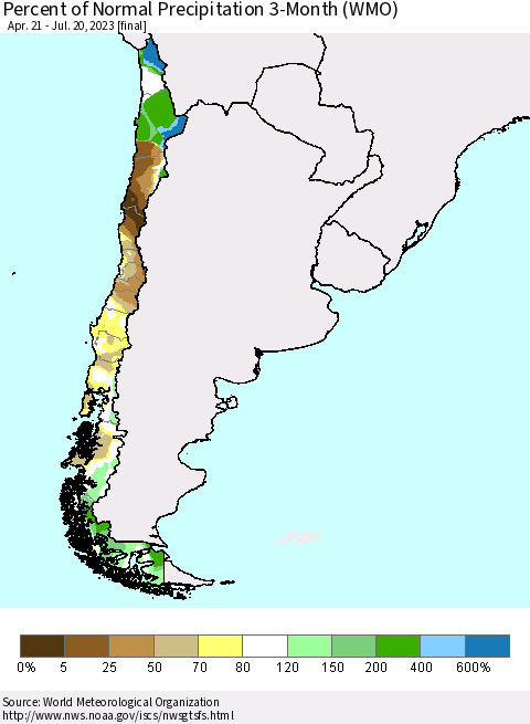 Chile Percent of Normal Precipitation 3-Month (WMO) Thematic Map For 4/21/2023 - 7/20/2023