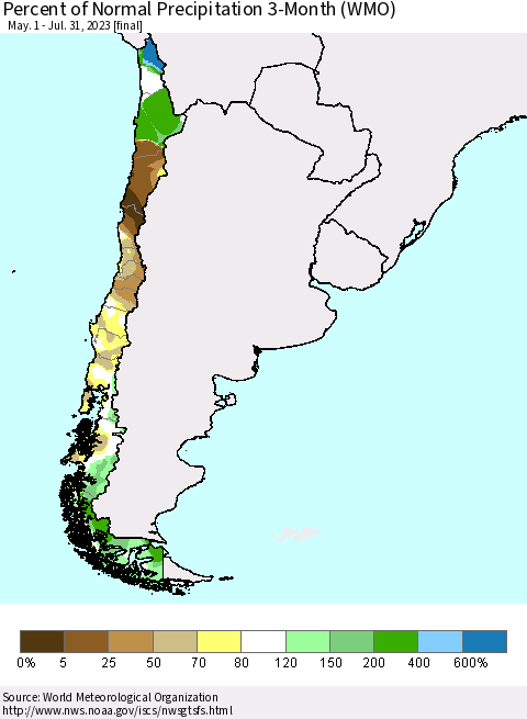 Chile Percent of Normal Precipitation 3-Month (WMO) Thematic Map For 5/1/2023 - 7/31/2023