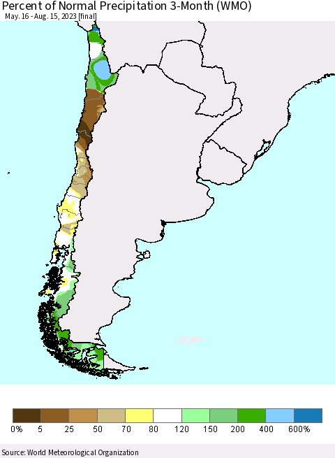 Chile Percent of Normal Precipitation 3-Month (WMO) Thematic Map For 5/16/2023 - 8/15/2023