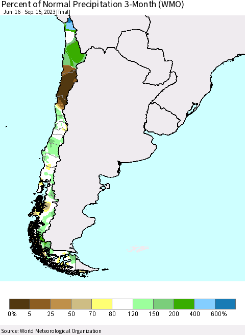 Chile Percent of Normal Precipitation 3-Month (WMO) Thematic Map For 6/16/2023 - 9/15/2023