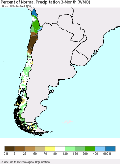 Chile Percent of Normal Precipitation 3-Month (WMO) Thematic Map For 7/1/2023 - 9/30/2023