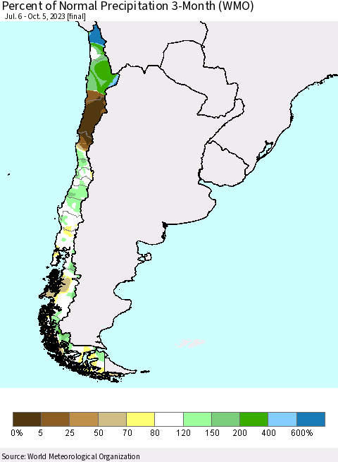 Chile Percent of Normal Precipitation 3-Month (WMO) Thematic Map For 7/6/2023 - 10/5/2023