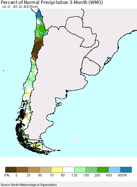 Chile Percent of Normal Precipitation 3-Month (WMO) Thematic Map For 7/11/2023 - 10/10/2023