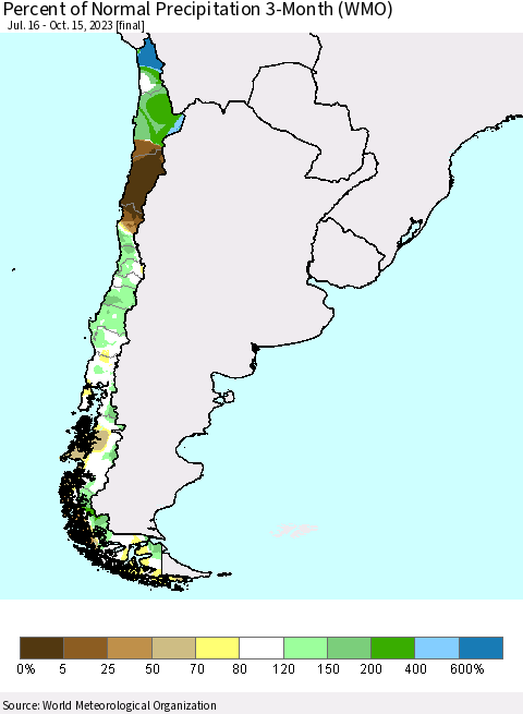 Chile Percent of Normal Precipitation 3-Month (WMO) Thematic Map For 7/16/2023 - 10/15/2023