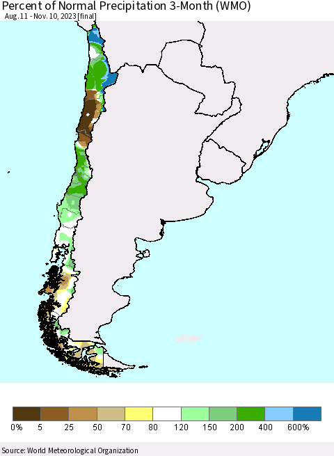 Chile Percent of Normal Precipitation 3-Month (WMO) Thematic Map For 8/11/2023 - 11/10/2023