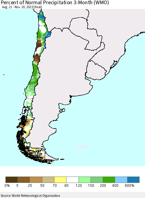 Chile Percent of Normal Precipitation 3-Month (WMO) Thematic Map For 8/21/2023 - 11/20/2023