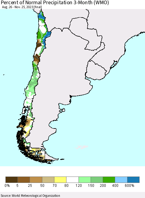 Chile Percent of Normal Precipitation 3-Month (WMO) Thematic Map For 8/26/2023 - 11/25/2023