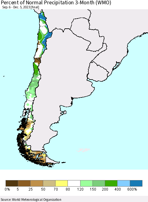 Chile Percent of Normal Precipitation 3-Month (WMO) Thematic Map For 9/6/2023 - 12/5/2023