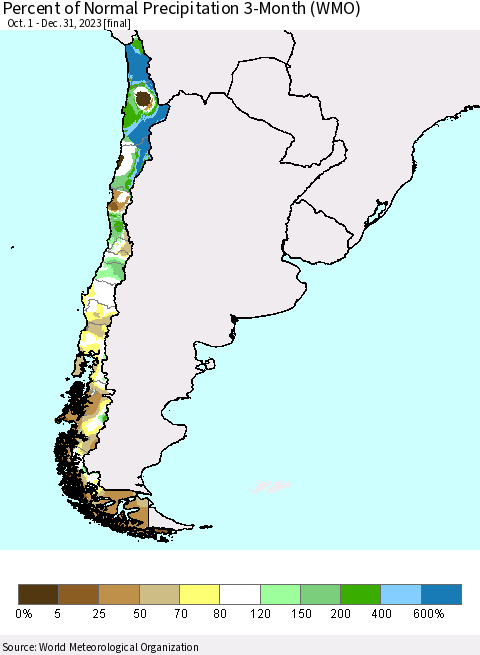 Chile Percent of Normal Precipitation 3-Month (WMO) Thematic Map For 10/1/2023 - 12/31/2023