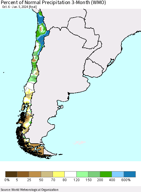 Chile Percent of Normal Precipitation 3-Month (WMO) Thematic Map For 10/6/2023 - 1/5/2024