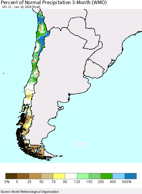 Chile Percent of Normal Precipitation 3-Month (WMO) Thematic Map For 10/11/2023 - 1/10/2024