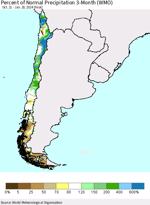 Chile Percent of Normal Precipitation 3-Month (WMO) Thematic Map For 10/21/2023 - 1/20/2024