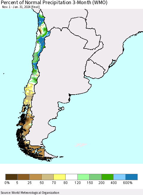 Chile Percent of Normal Precipitation 3-Month (WMO) Thematic Map For 11/1/2023 - 1/31/2024