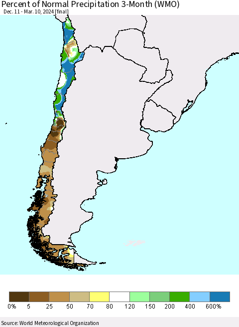 Chile Percent of Normal Precipitation 3-Month (WMO) Thematic Map For 12/11/2023 - 3/10/2024