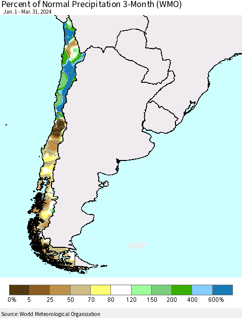 Chile Percent of Normal Precipitation 3-Month (WMO) Thematic Map For 1/1/2024 - 3/31/2024