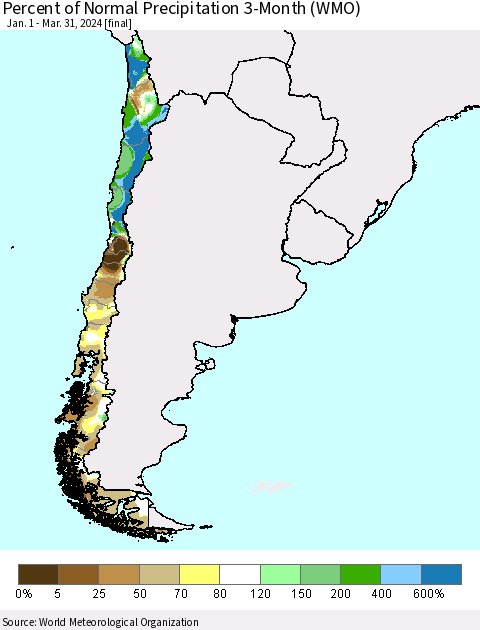 Chile Percent of Normal Precipitation 3-Month (WMO) Thematic Map For 1/1/2024 - 3/31/2024