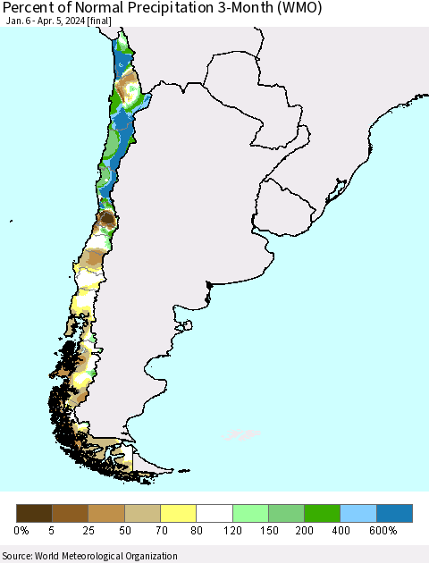 Chile Percent of Normal Precipitation 3-Month (WMO) Thematic Map For 1/6/2024 - 4/5/2024