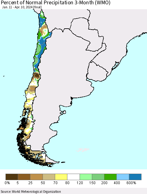 Chile Percent of Normal Precipitation 3-Month (WMO) Thematic Map For 1/11/2024 - 4/10/2024