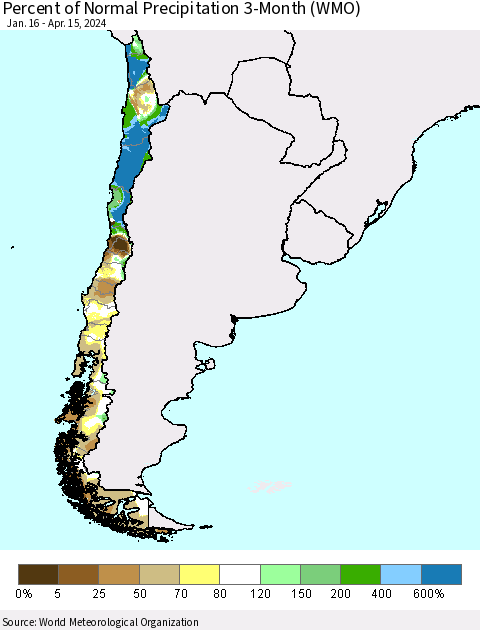 Chile Percent of Normal Precipitation 3-Month (WMO) Thematic Map For 1/16/2024 - 4/15/2024