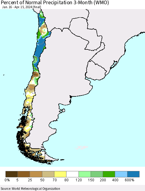 Chile Percent of Normal Precipitation 3-Month (WMO) Thematic Map For 1/16/2024 - 4/15/2024