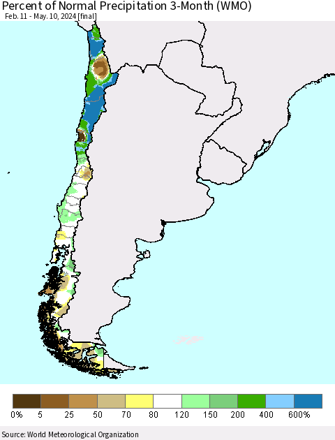 Chile Percent of Normal Precipitation 3-Month (WMO) Thematic Map For 2/11/2024 - 5/10/2024
