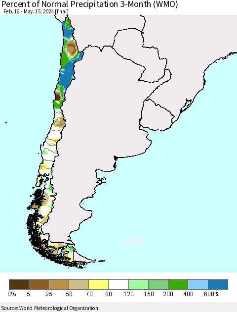 Chile Percent of Normal Precipitation 3-Month (WMO) Thematic Map For 2/16/2024 - 5/15/2024