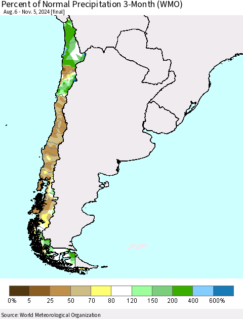 Chile Percent of Normal Precipitation 3-Month (WMO) Thematic Map For 8/6/2024 - 11/5/2024