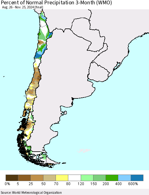 Chile Percent of Normal Precipitation 3-Month (WMO) Thematic Map For 8/26/2024 - 11/25/2024