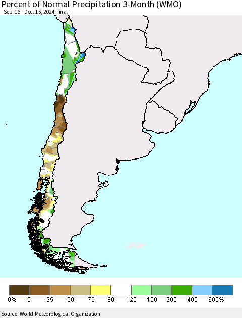 Chile Percent of Normal Precipitation 3-Month (WMO) Thematic Map For 9/16/2024 - 12/15/2024