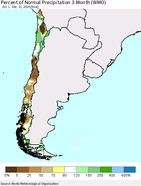 Chile Percent of Normal Precipitation 3-Month (WMO) Thematic Map For 10/1/2024 - 12/31/2024