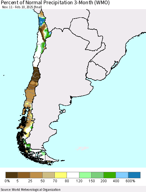 Chile Percent of Normal Precipitation 3-Month (WMO) Thematic Map For 11/11/2024 - 2/10/2025