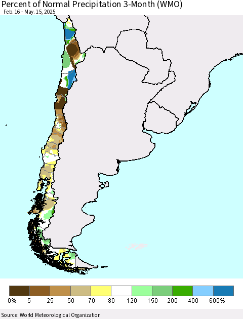 Chile Percent of Normal Precipitation 3-Month (WMO) Thematic Map For 2/16/2025 - 5/15/2025