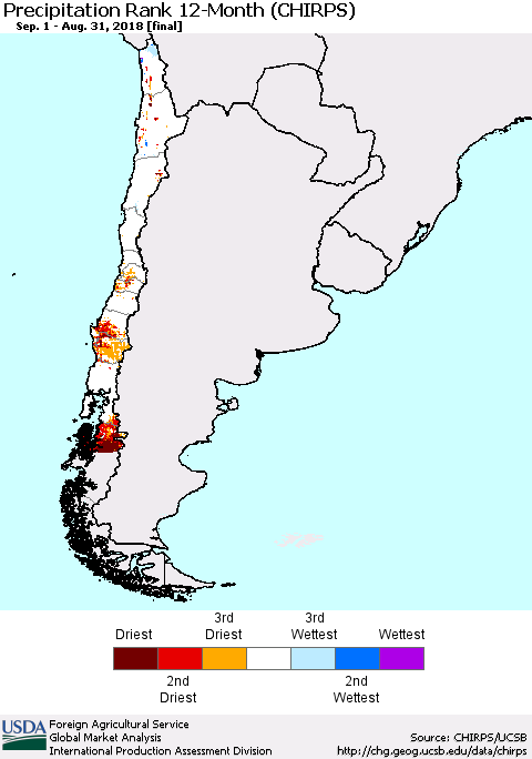 Chile Precipitation Rank since 1981, 12-Month (CHIRPS) Thematic Map For 9/1/2017 - 8/31/2018