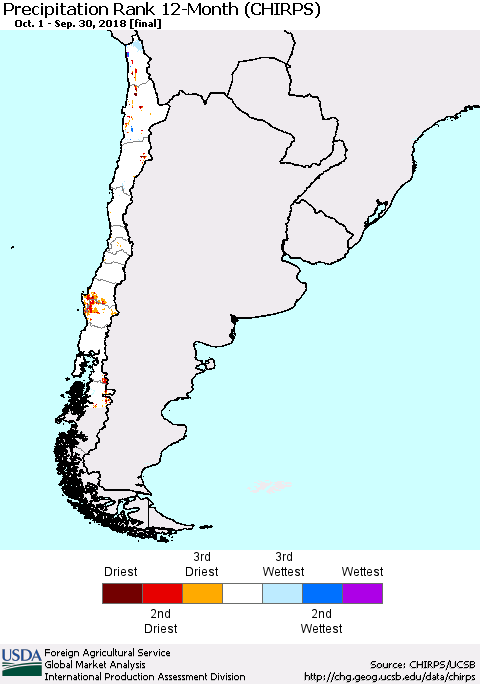Chile Precipitation Rank since 1981, 12-Month (CHIRPS) Thematic Map For 10/1/2017 - 9/30/2018